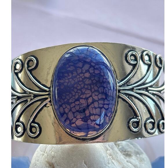 925 Sterling Solar Agate Bangle Cuff Bracelet - Picture 2 of 7